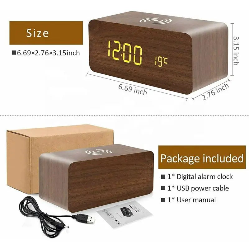 Wooden Digital Alarm Clock – LED Time, Date, Temperature & Wireless Charging