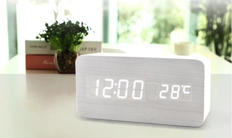 Wooden Digital Alarm Clock – LED Time, Date, Temperature & Wireless Charging