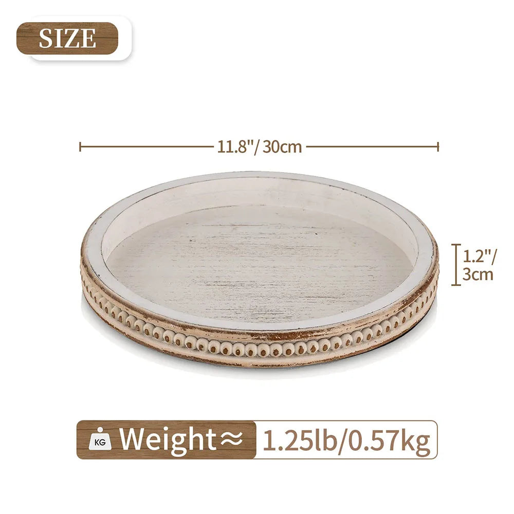 White Wash Bead Round Tray – Rustic Wooden Coffee Table Decor