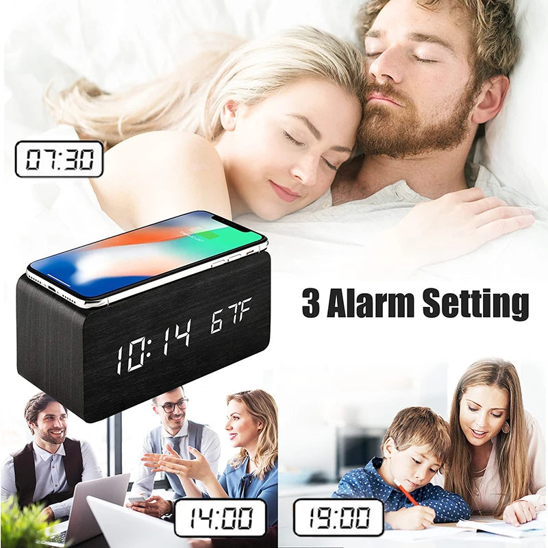 Wooden Digital Alarm Clock – LED Time, Date, Temperature & Wireless Charging