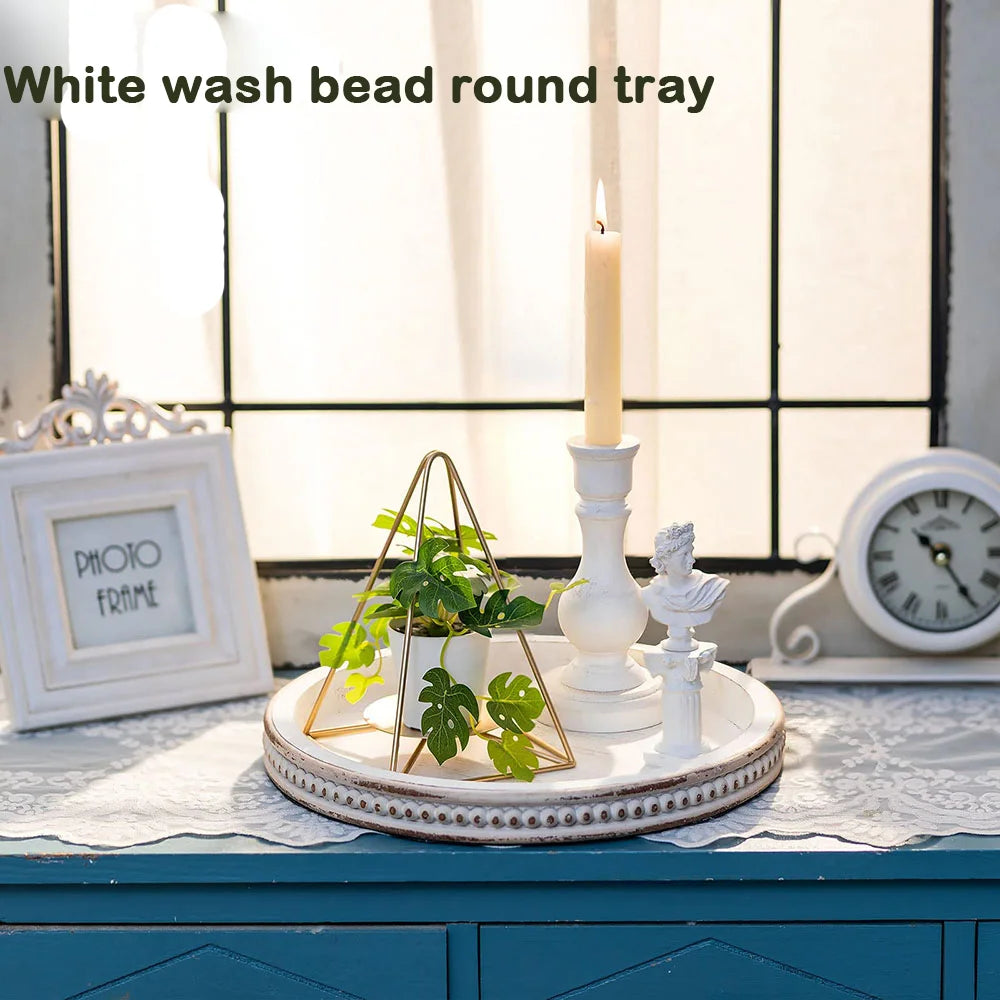 White Wash Bead Round Tray – Rustic Wooden Coffee Table Decor