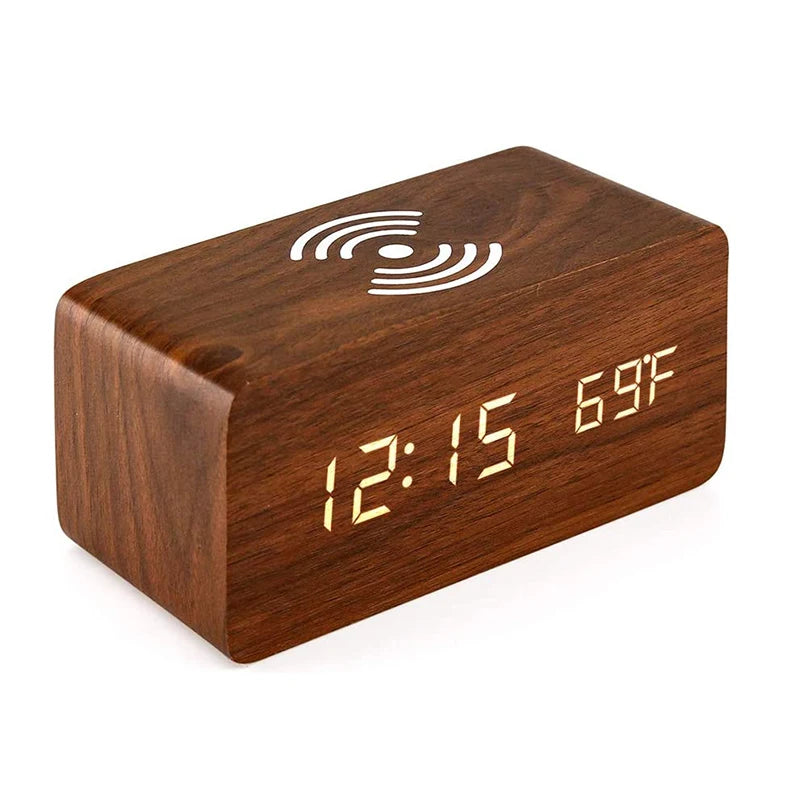 Wooden Digital Alarm Clock – LED Time, Date, Temperature & Wireless Charging