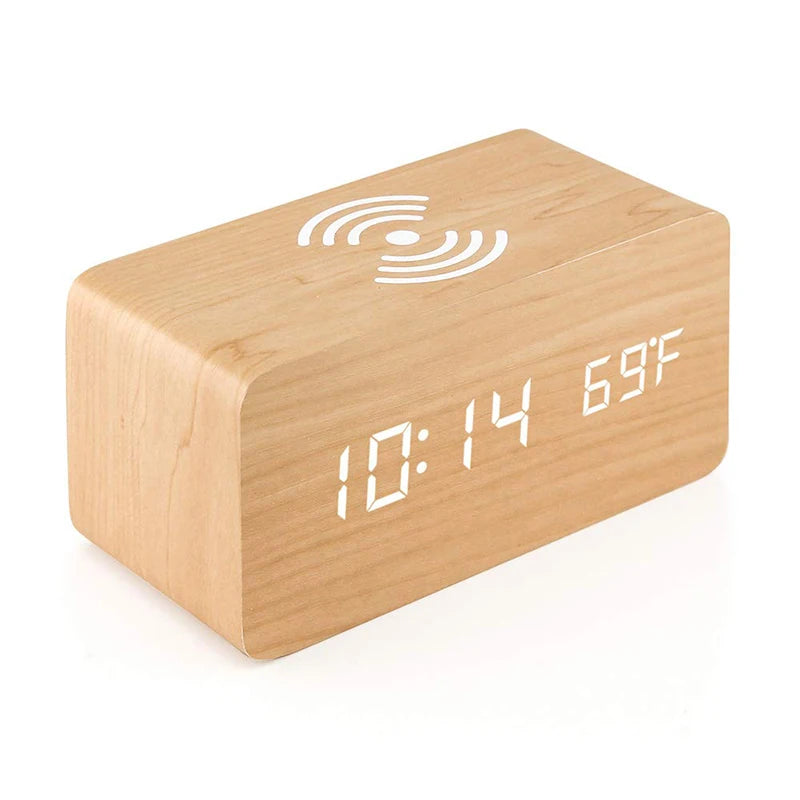 Wooden Digital Alarm Clock – LED Time, Date, Temperature & Wireless Charging