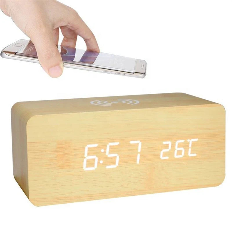 Wooden Digital Alarm Clock – LED Time, Date, Temperature & Wireless Charging