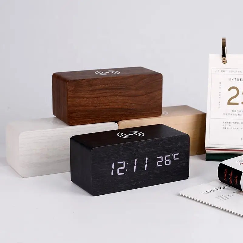 Wooden Digital Alarm Clock – LED Time, Date, Temperature & Wireless Charging