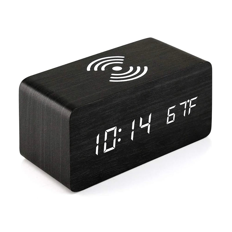 Wooden Digital Alarm Clock – LED Time, Date, Temperature & Wireless Charging