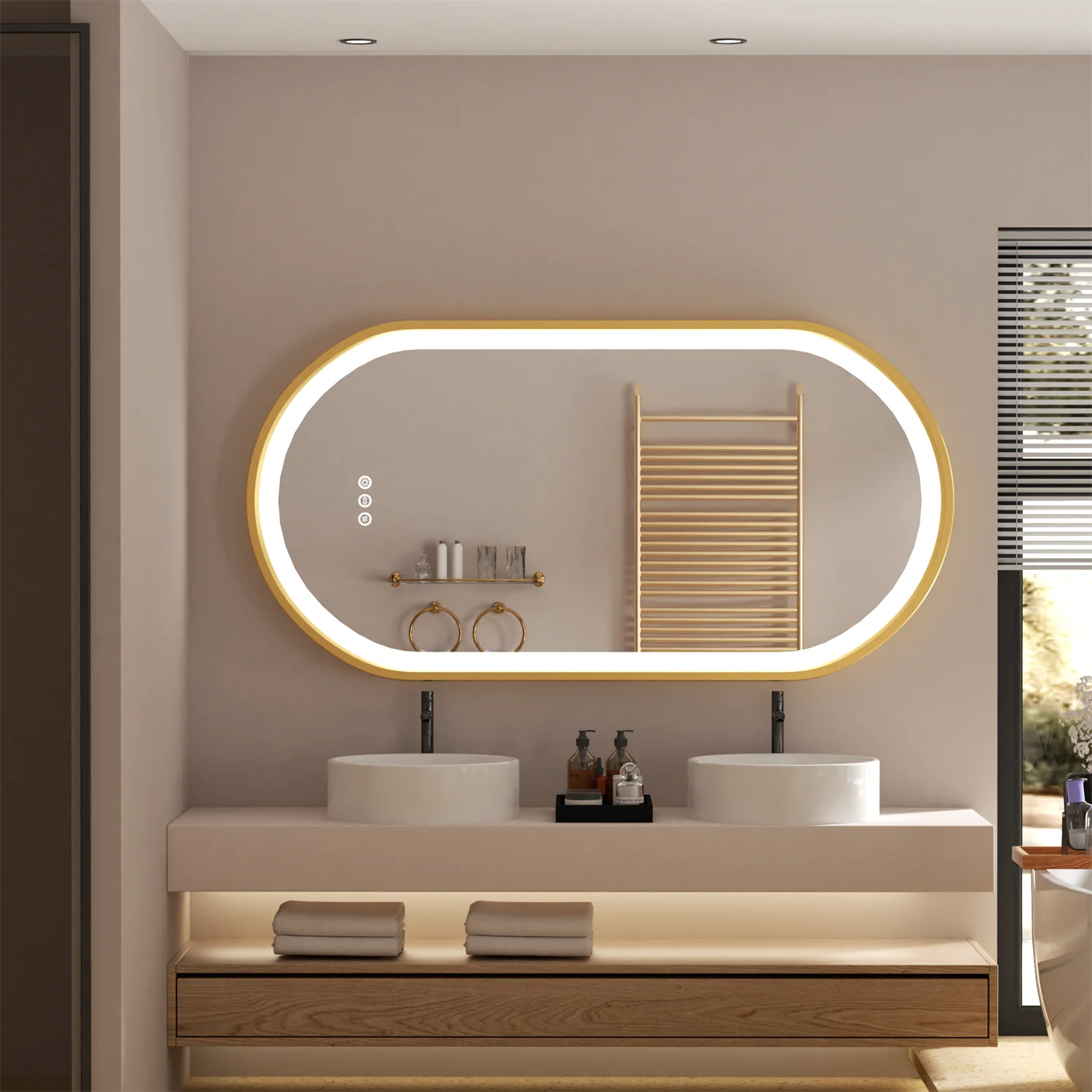 Gold Frame Oval LED Mirror – Smart, Dimmable & Anti-Fog