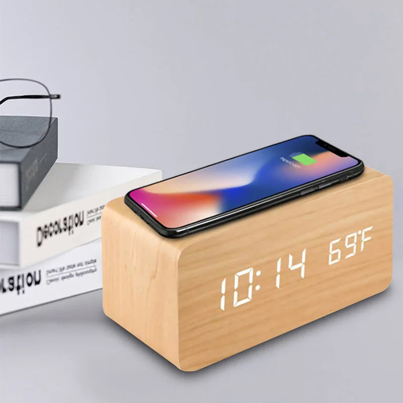 Wooden Digital Alarm Clock – LED Time, Date, Temperature & Wireless Charging