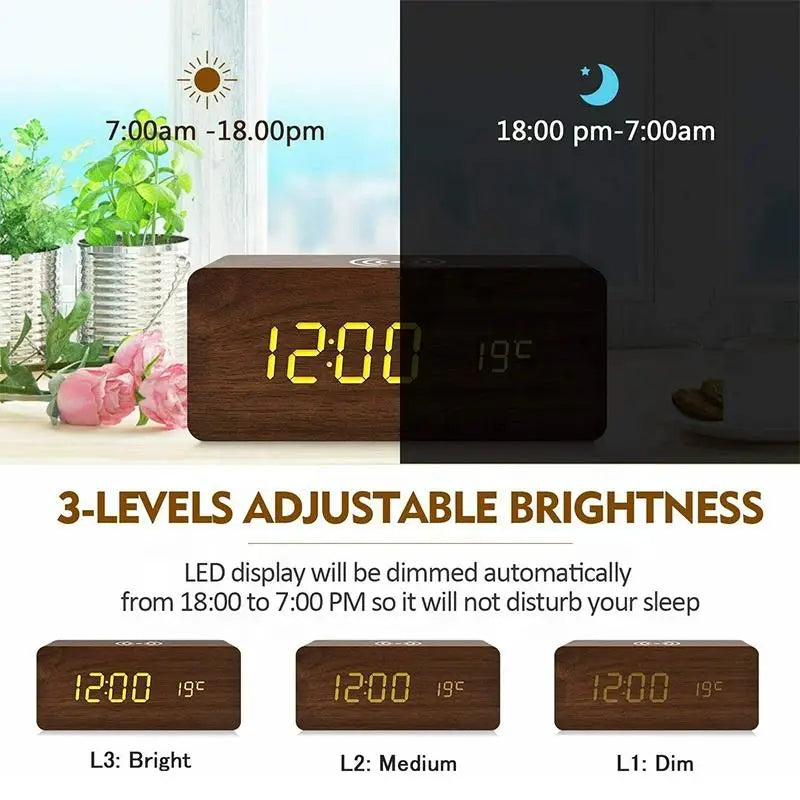 Wooden Digital Alarm Clock – LED Time, Date, Temperature & Wireless Charging