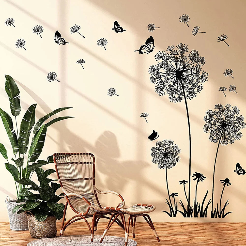 Black Dandelion Wall Sticker – Mural Art Decal for Living & Bedroom Decor