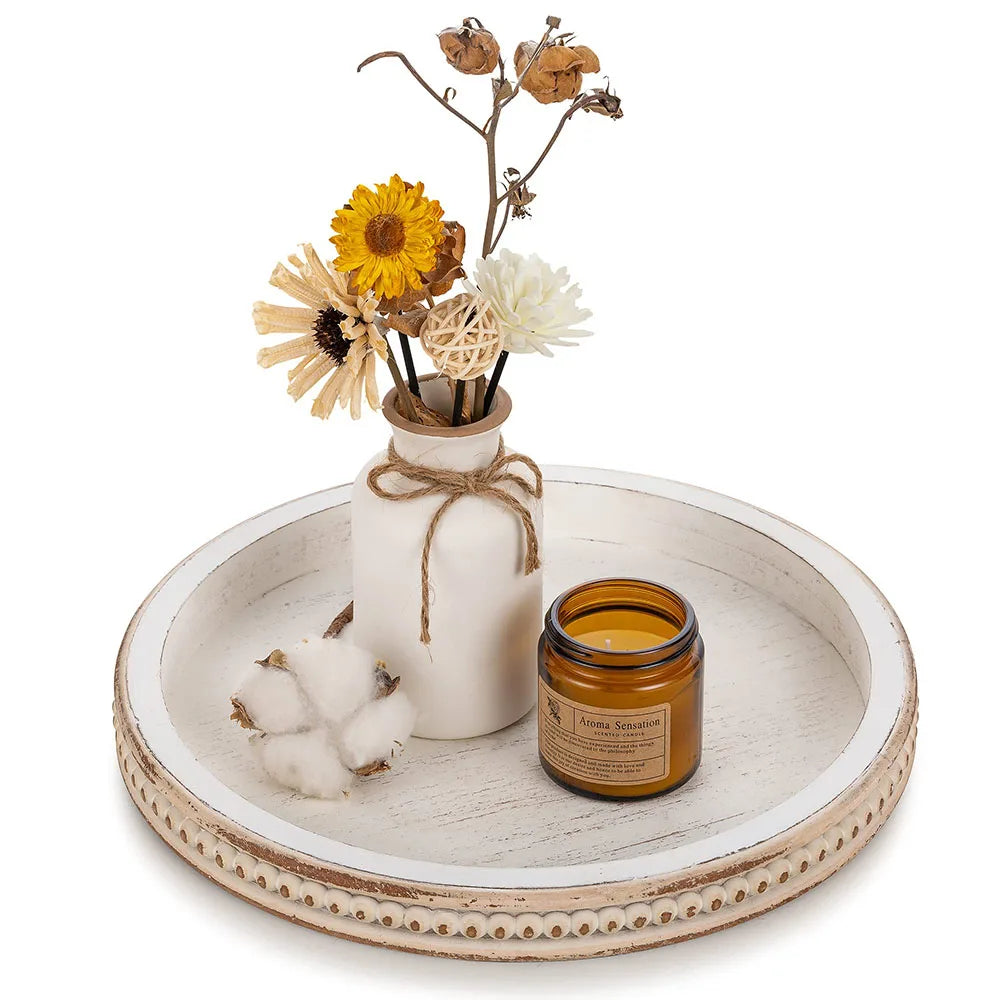 White Wash Bead Round Tray – Rustic Wooden Coffee Table Decor