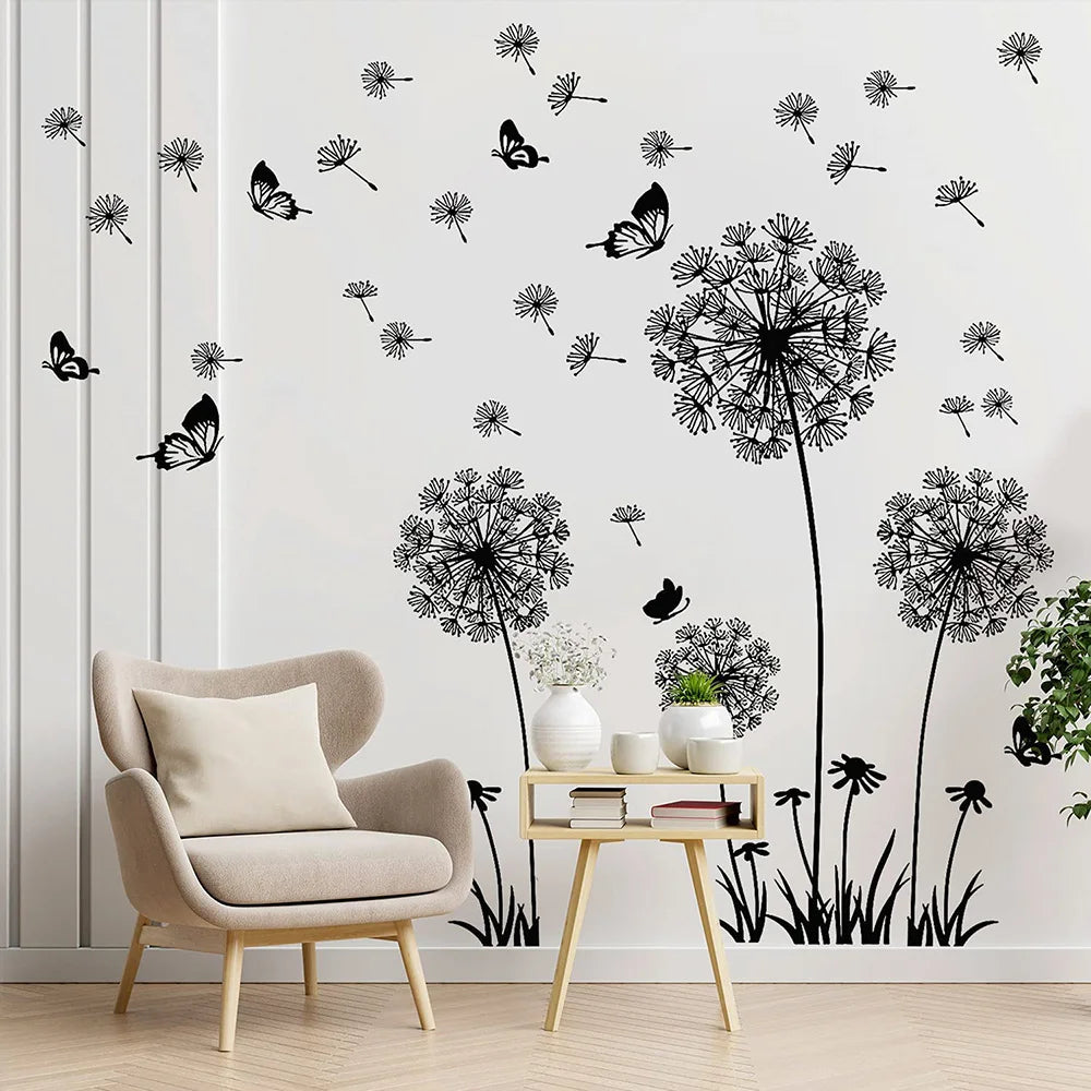 Black Dandelion Wall Sticker – Mural Art Decal for Living & Bedroom Decor