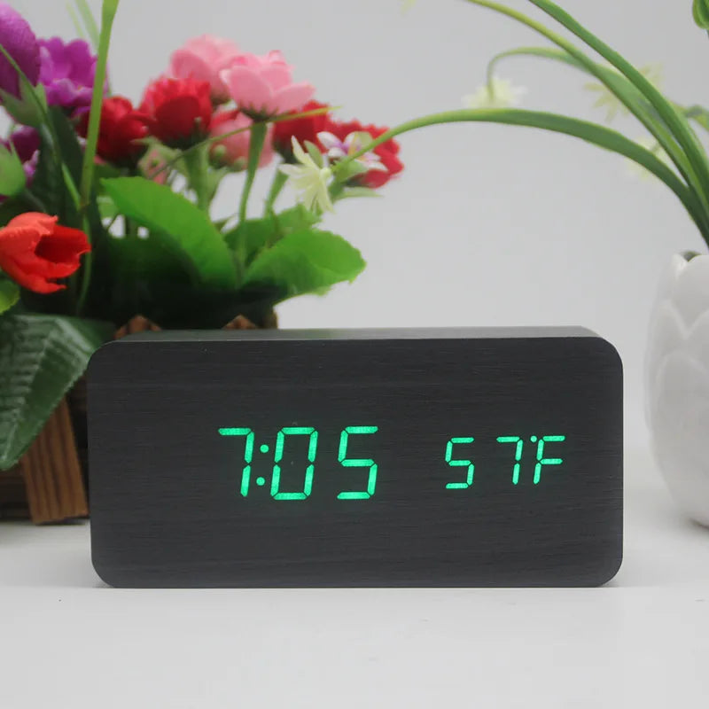 Wooden Digital Alarm Clock – LED Time, Date, Temperature & Wireless Charging