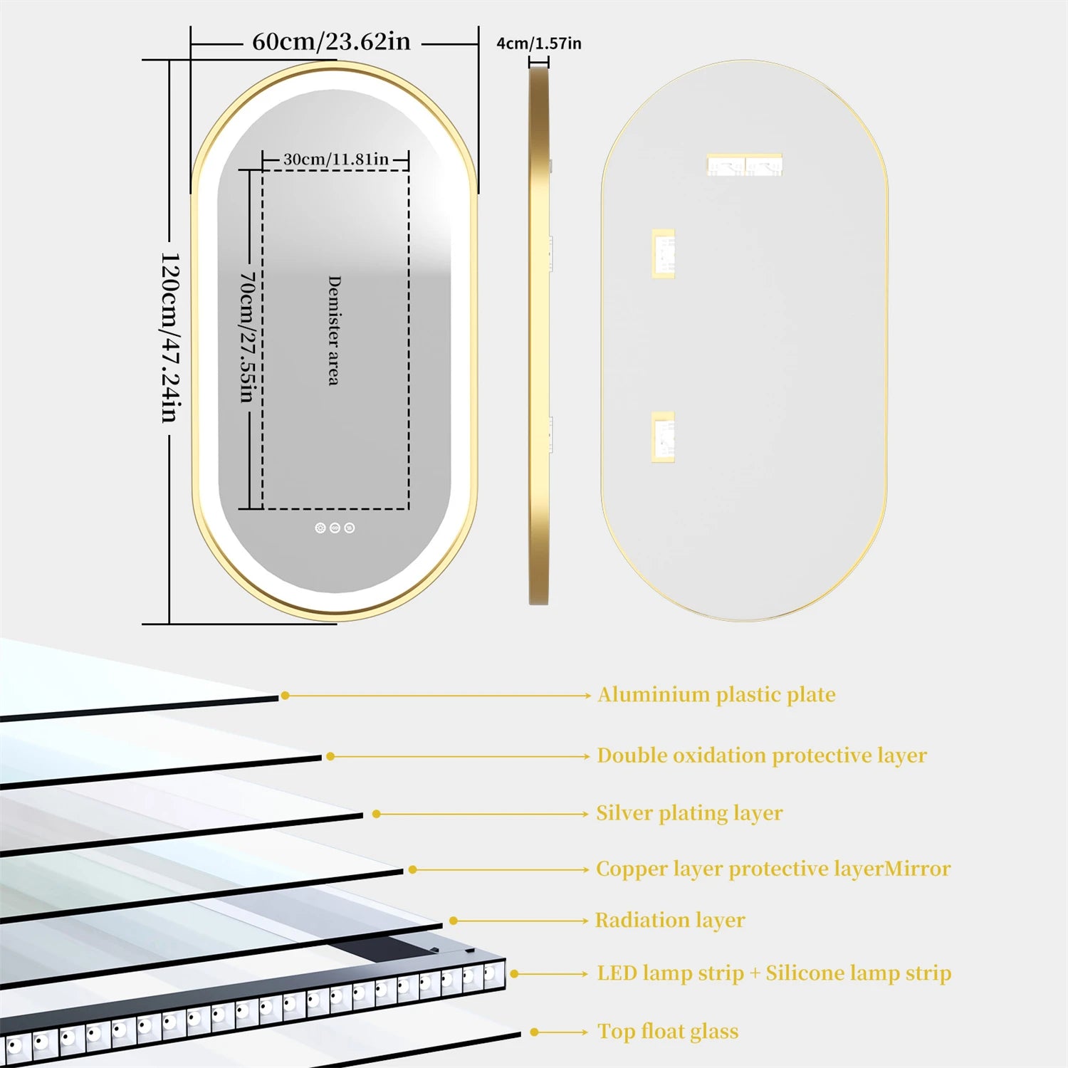 Gold Frame Oval LED Mirror – Smart, Dimmable & Anti-Fog