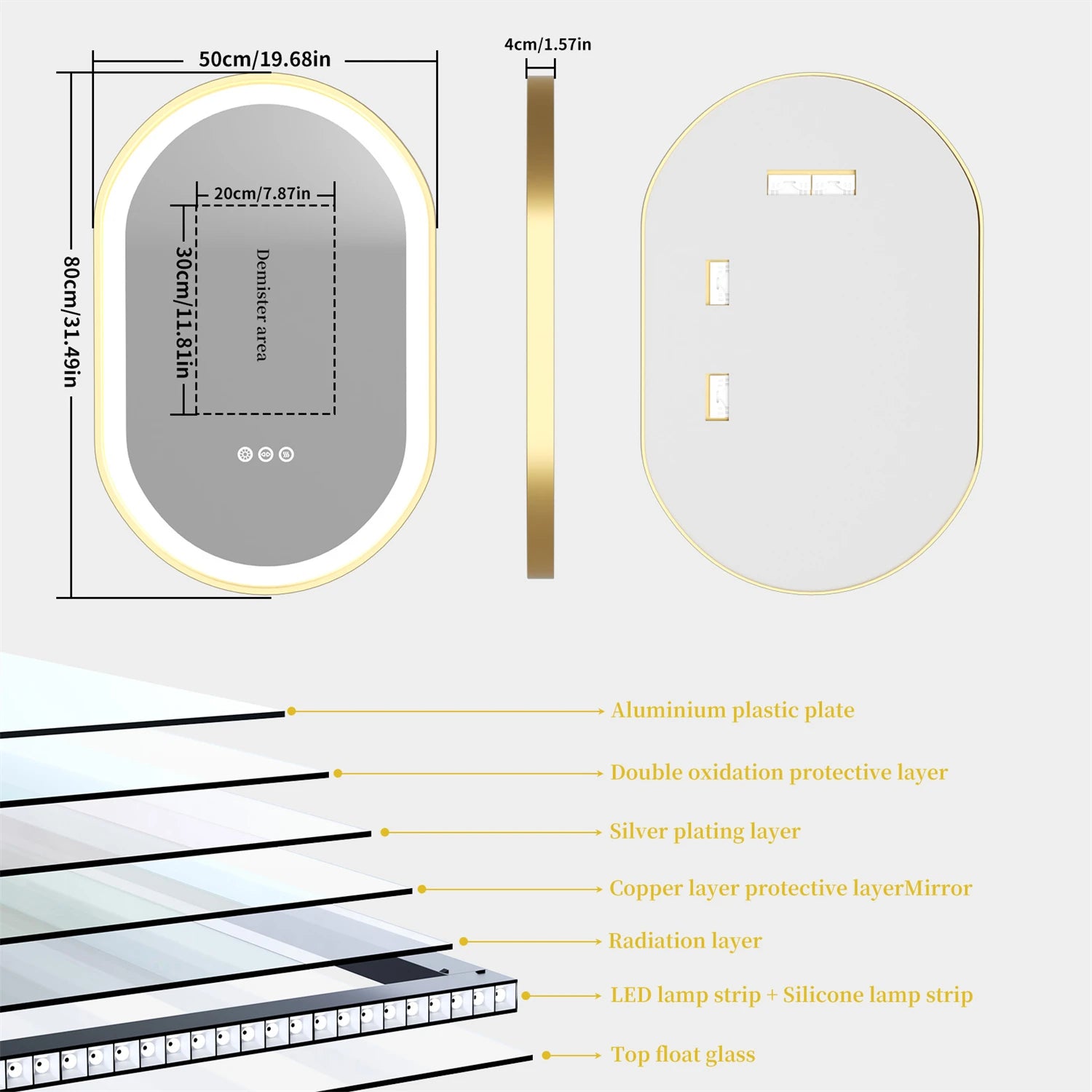 Gold Frame Oval LED Mirror – Smart, Dimmable & Anti-Fog