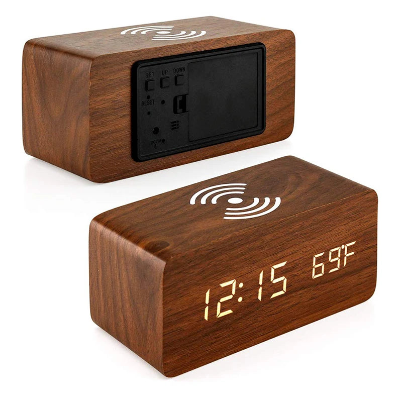 Wooden Digital Alarm Clock – LED Time, Date, Temperature & Wireless Charging