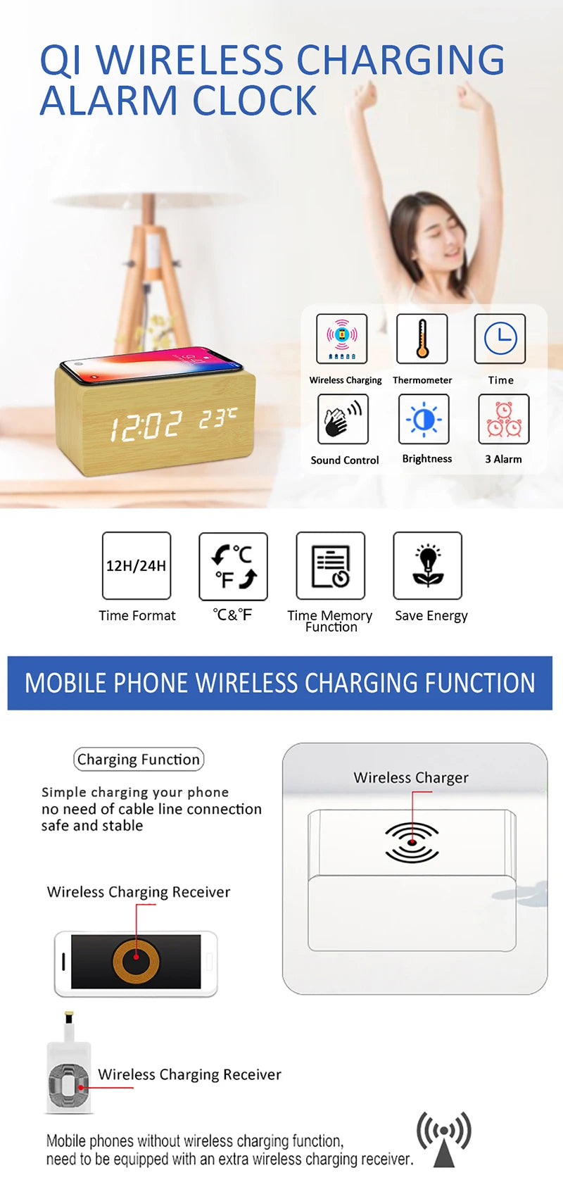 Wooden Digital Alarm Clock – LED Time, Date, Temperature & Wireless Charging