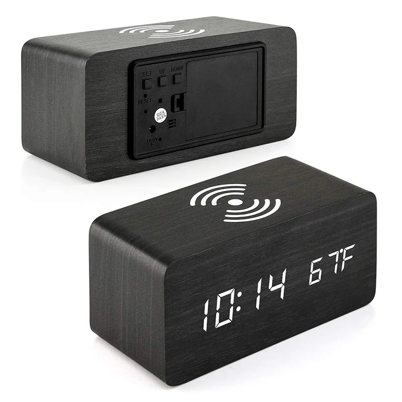 Wooden Digital Alarm Clock – LED Time, Date, Temperature & Wireless Charging