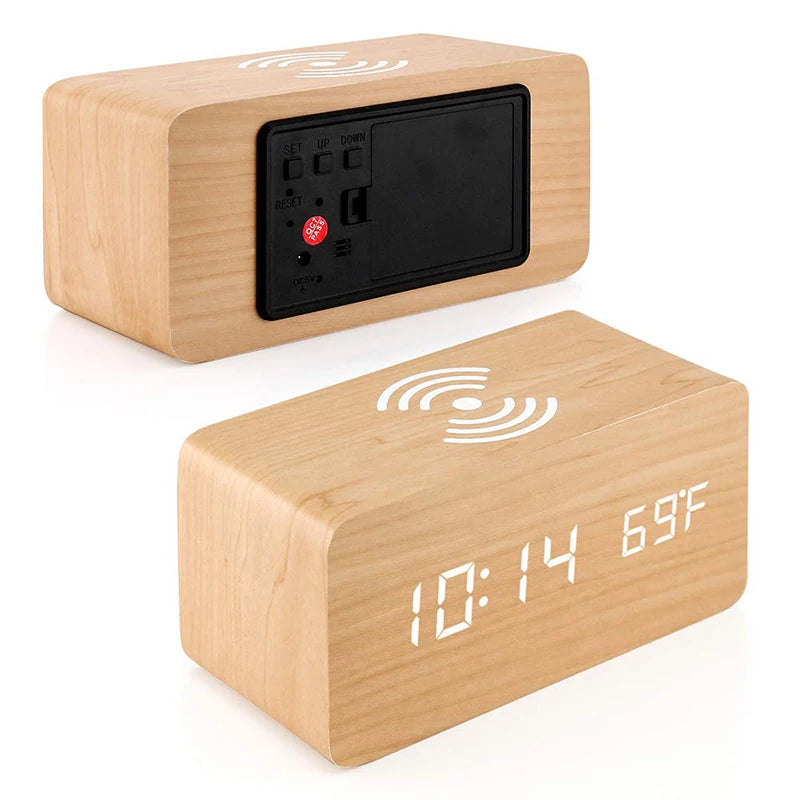 Wooden Digital Alarm Clock – LED Time, Date, Temperature & Wireless Charging