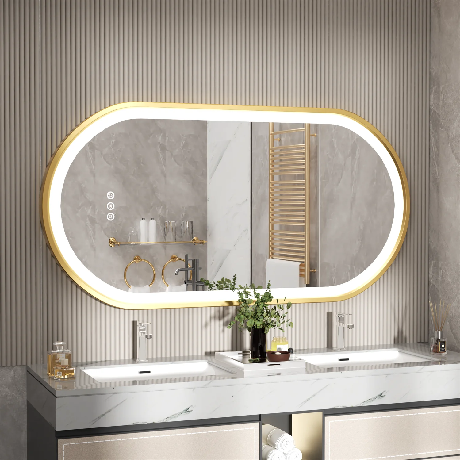 Gold Frame Oval LED Mirror – Smart, Dimmable & Anti-Fog