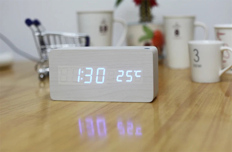 Wooden Digital Alarm Clock – LED Time, Date, Temperature & Wireless Charging