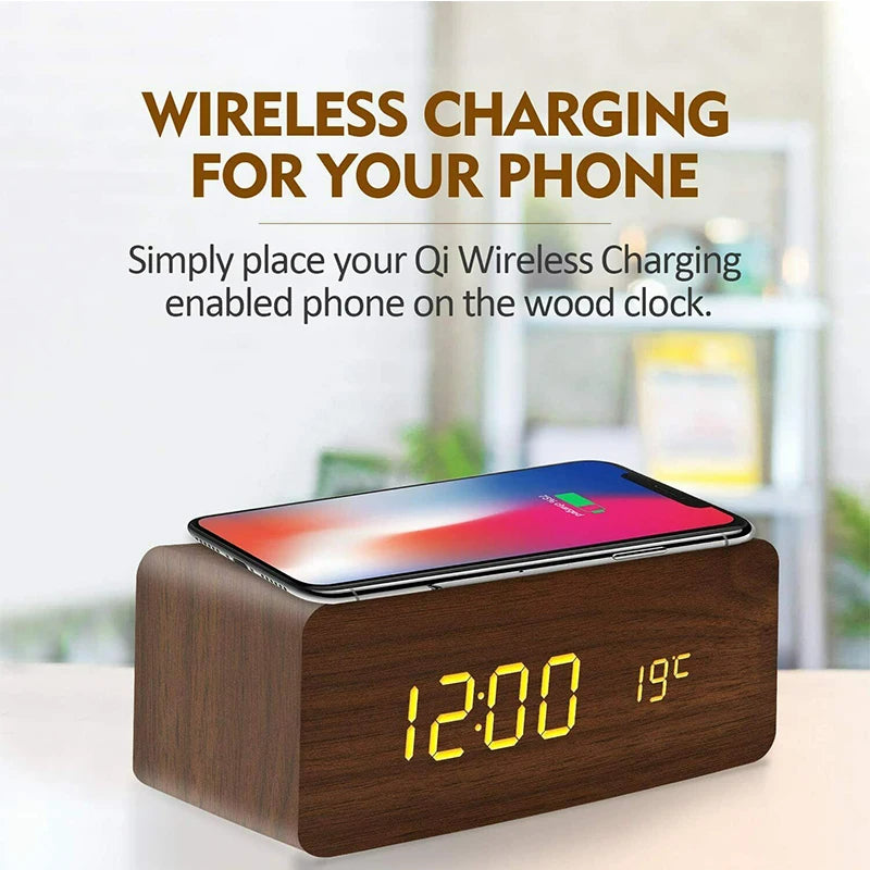 Wooden Digital Alarm Clock – LED Time, Date, Temperature & Wireless Charging